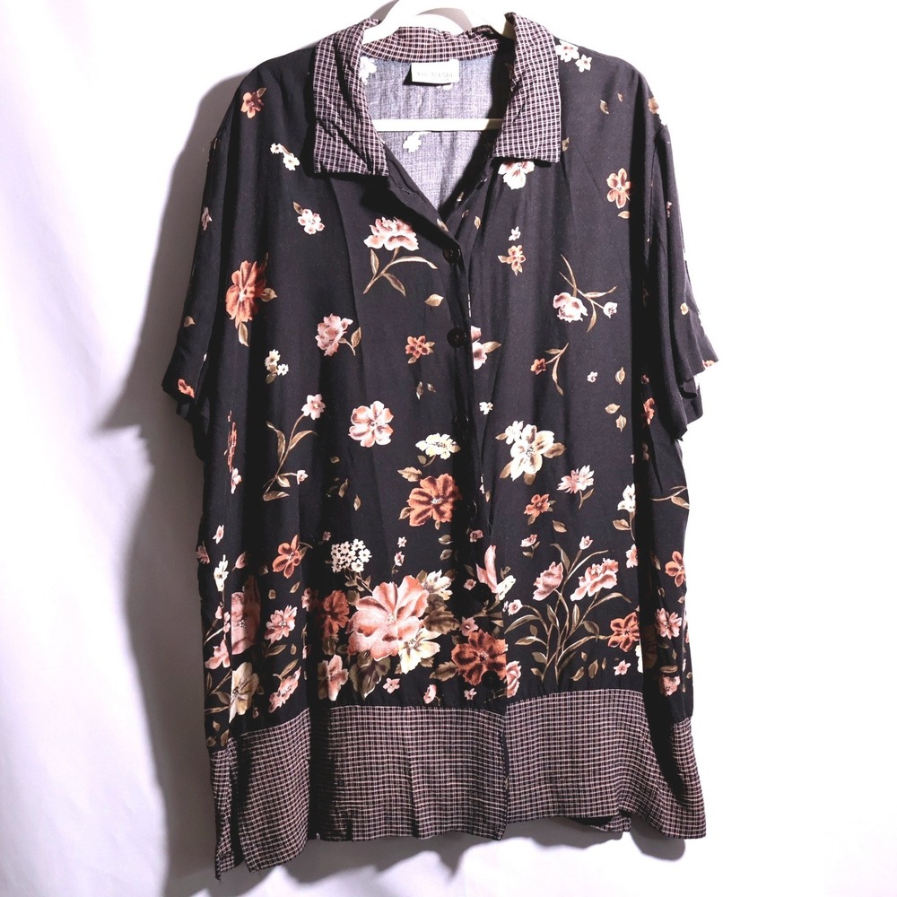 VTG Black Floral Button Up Blouse Plaid Trim Dark Cottage Core Boho 90s 4XL SEE